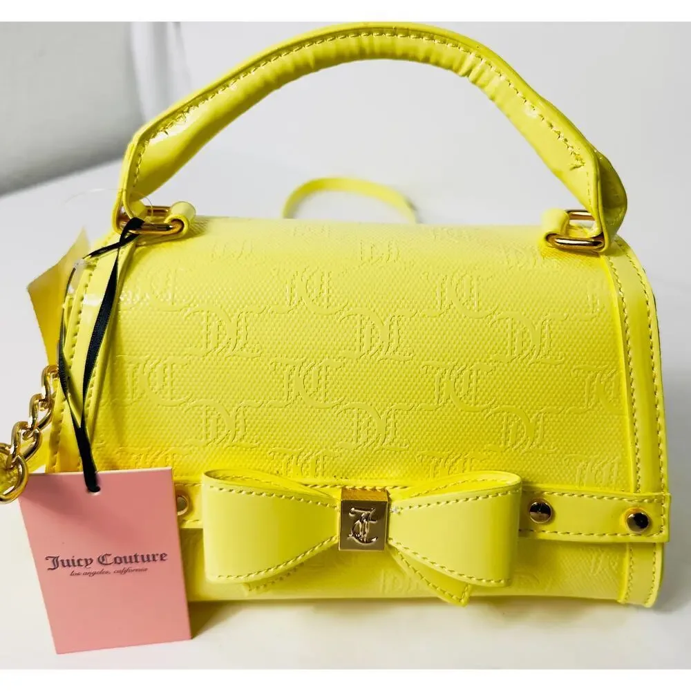 Juicy Couture Purse Yellow Pear -Top Handle Crossbody Glossy Leather, Gold Bow - Picture 2 of 6